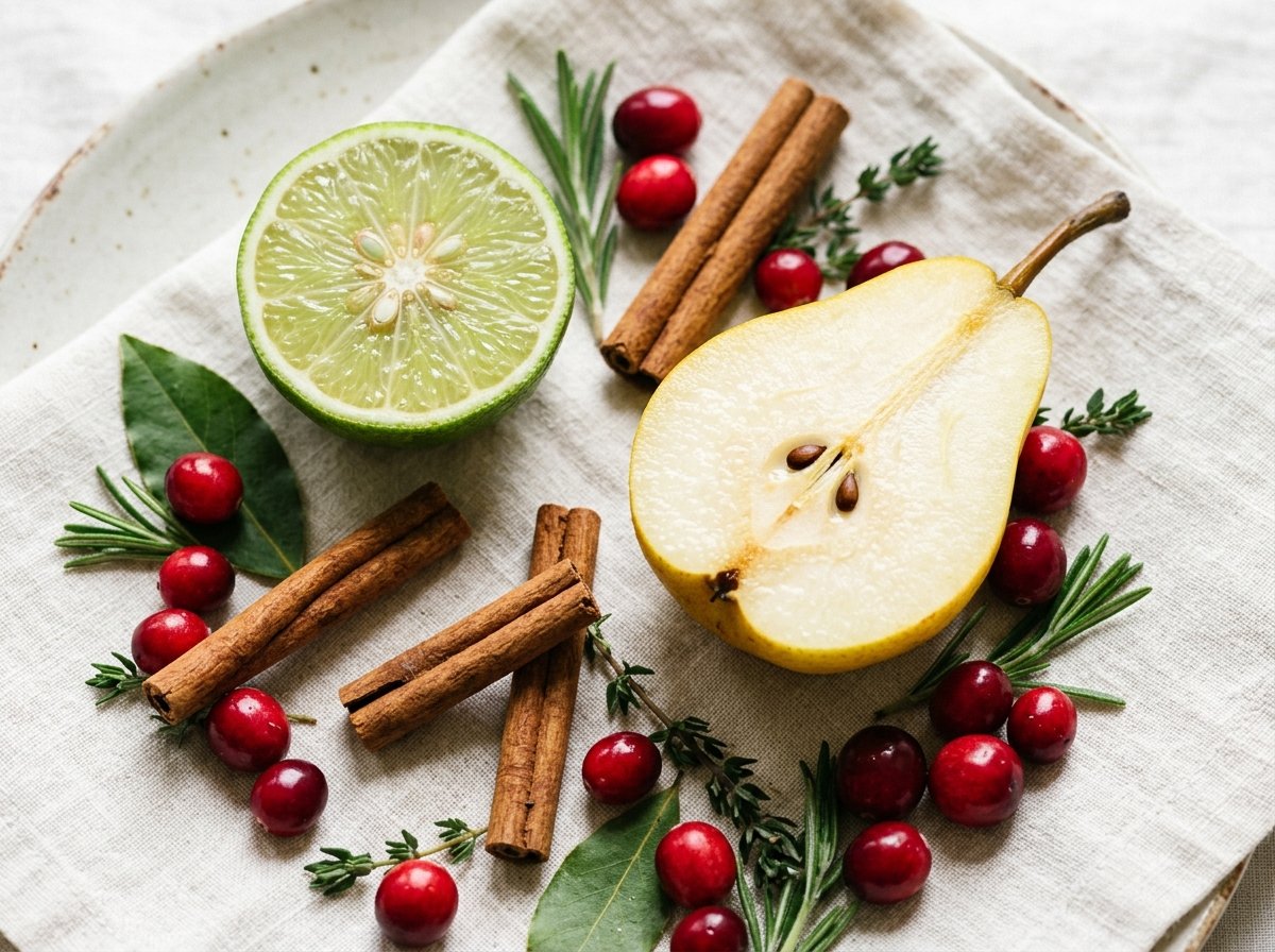 Fresh sliced lime, pear half, cinnamon sticks and cranberries