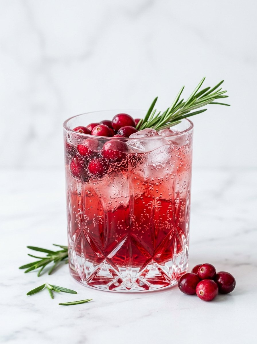 PAMM sparkling cranberry cocktail in rocks glass with ice and rosemary